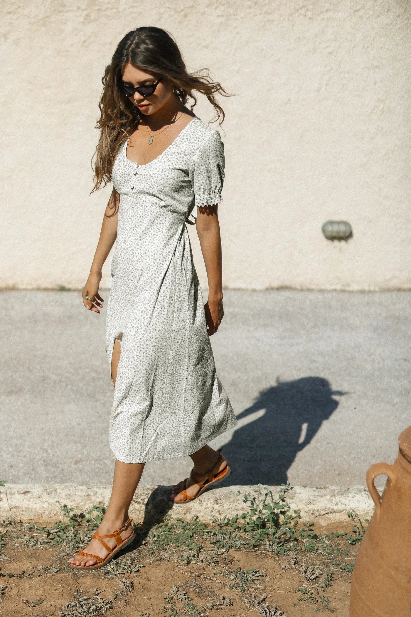 Kleid Wilhelmina Blau-Grau mit Blumenmuster