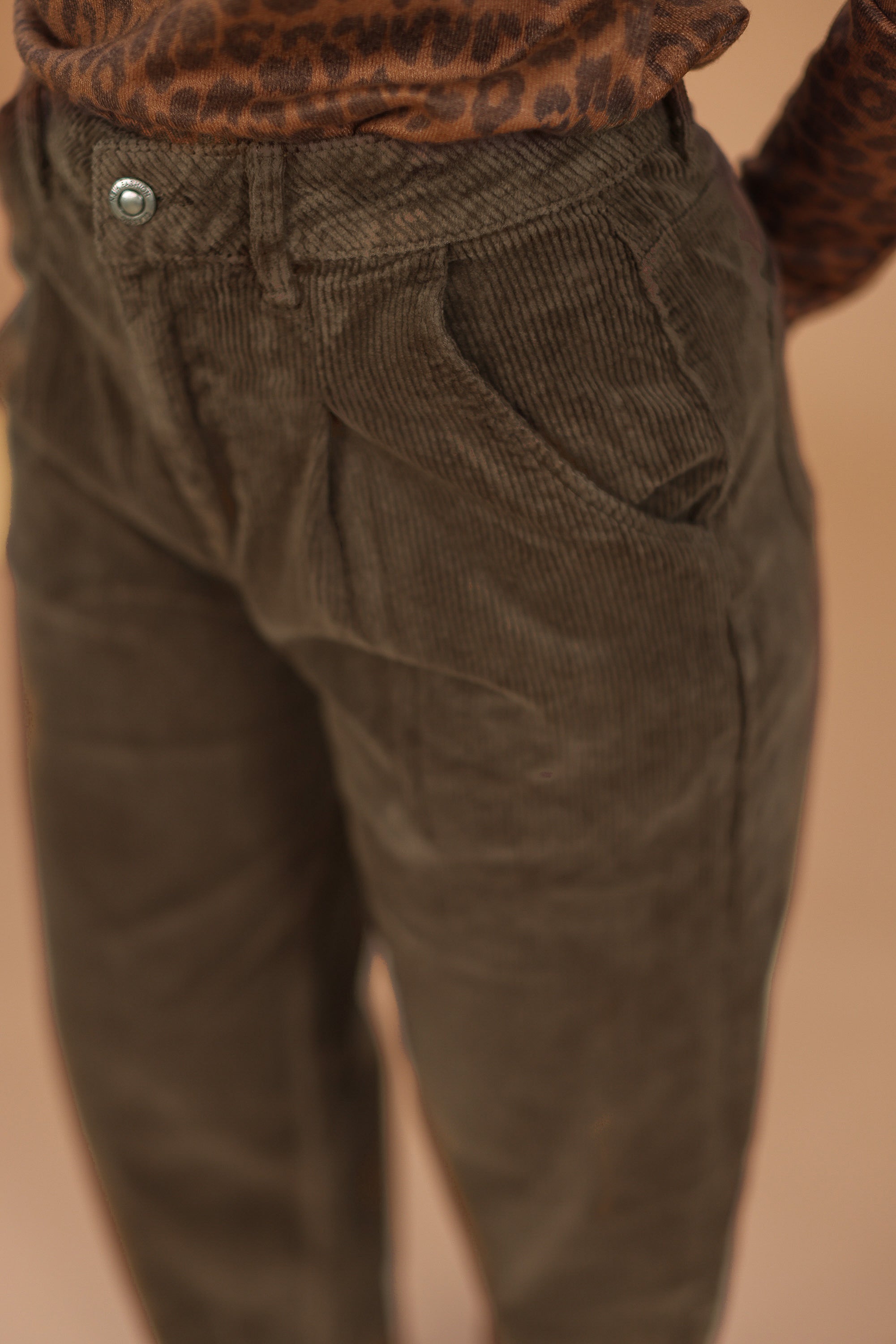 khaki corduroy pants close up