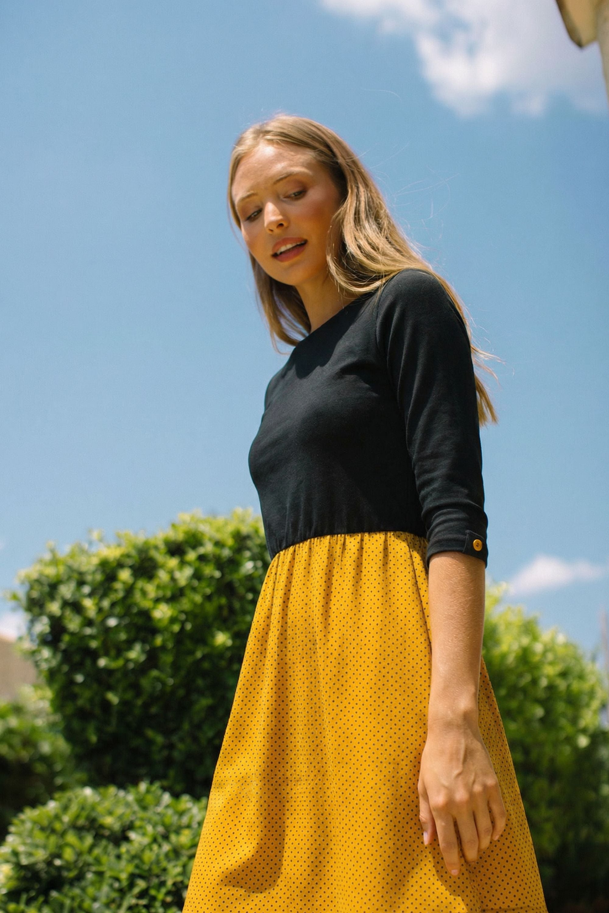 Dress Luiza Black Mustard Polka Dots