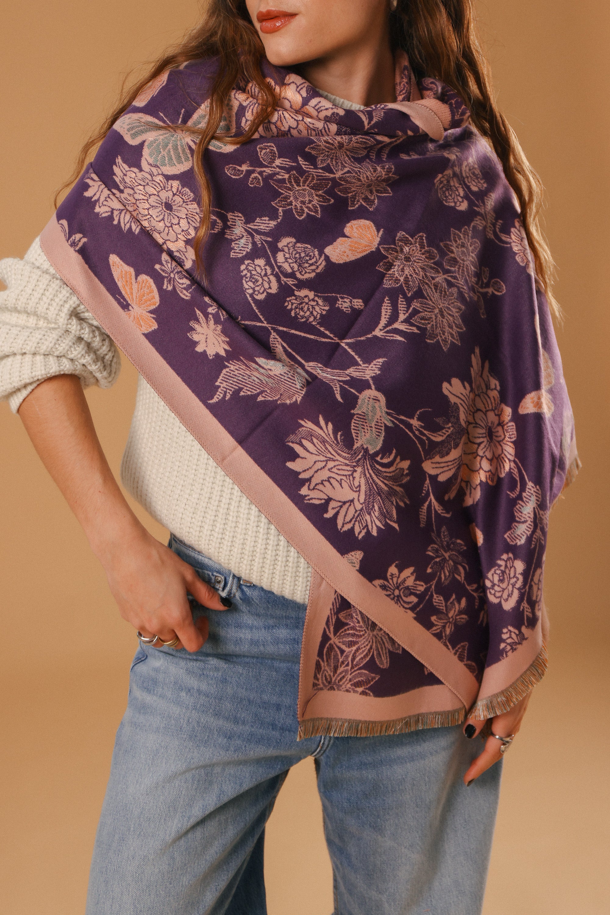 Scarf Butterflies & Flowers Purple