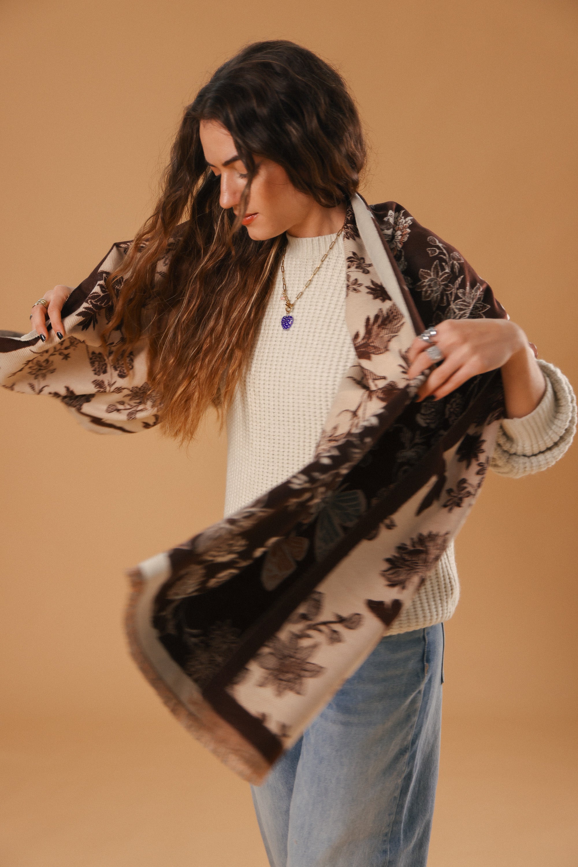 Scarf Butterflies & Flowers Brown