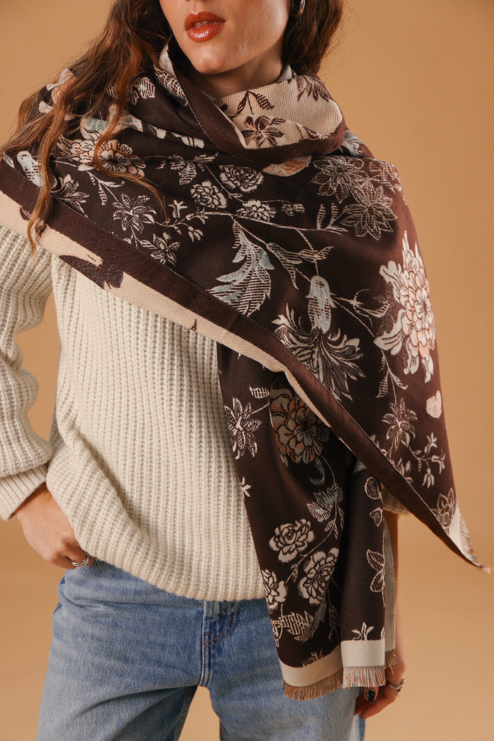 Scarf Butterflies & Flowers Brown