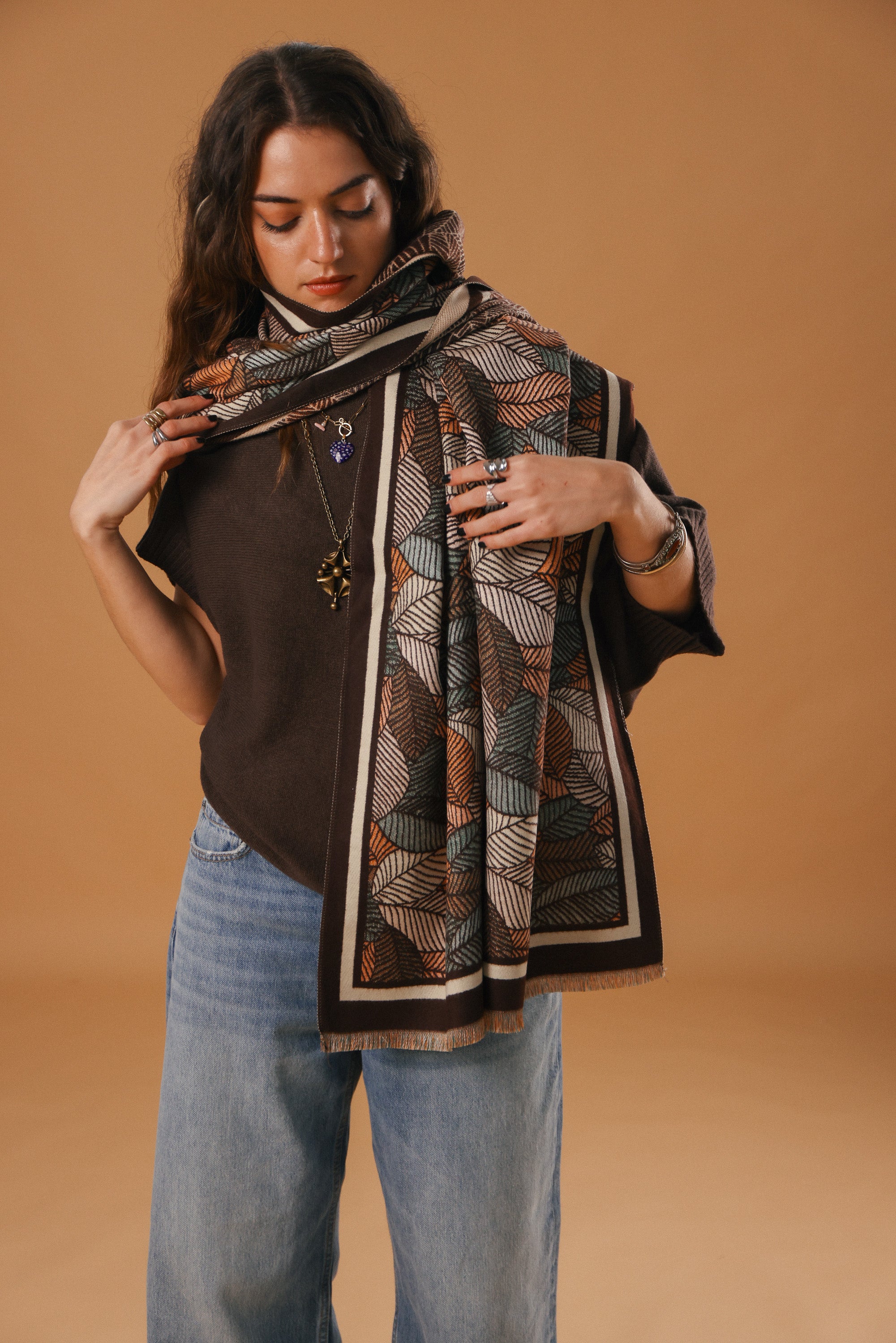 Scarf Autumn Leaves Brown