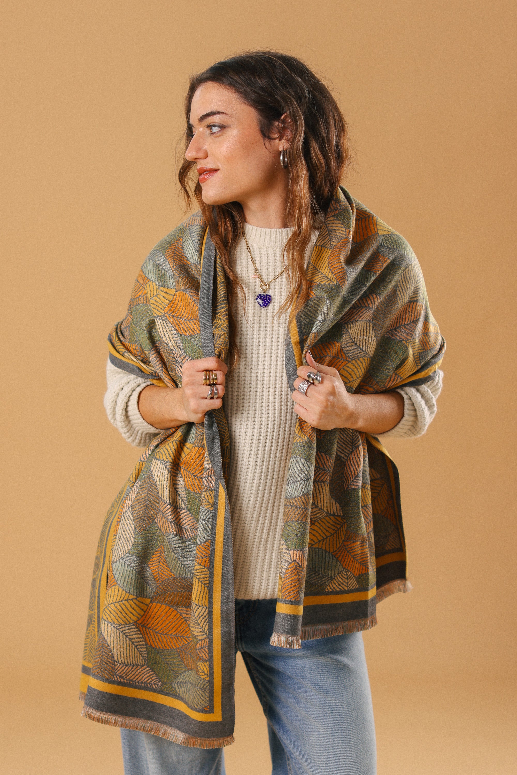 Scarf Autumn Leaves Grey-Green