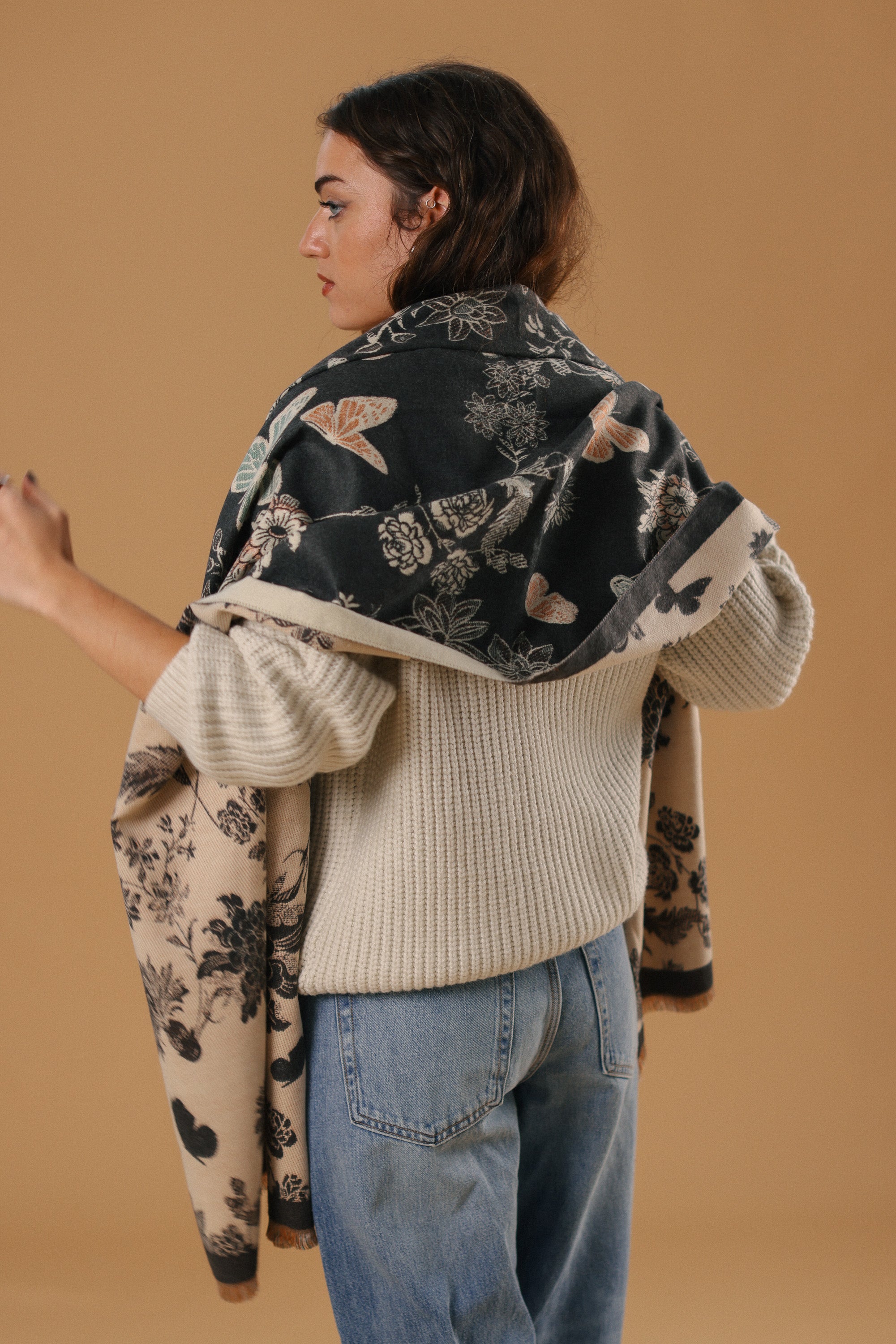 Scarf Butterflies & Flowers Charcoal