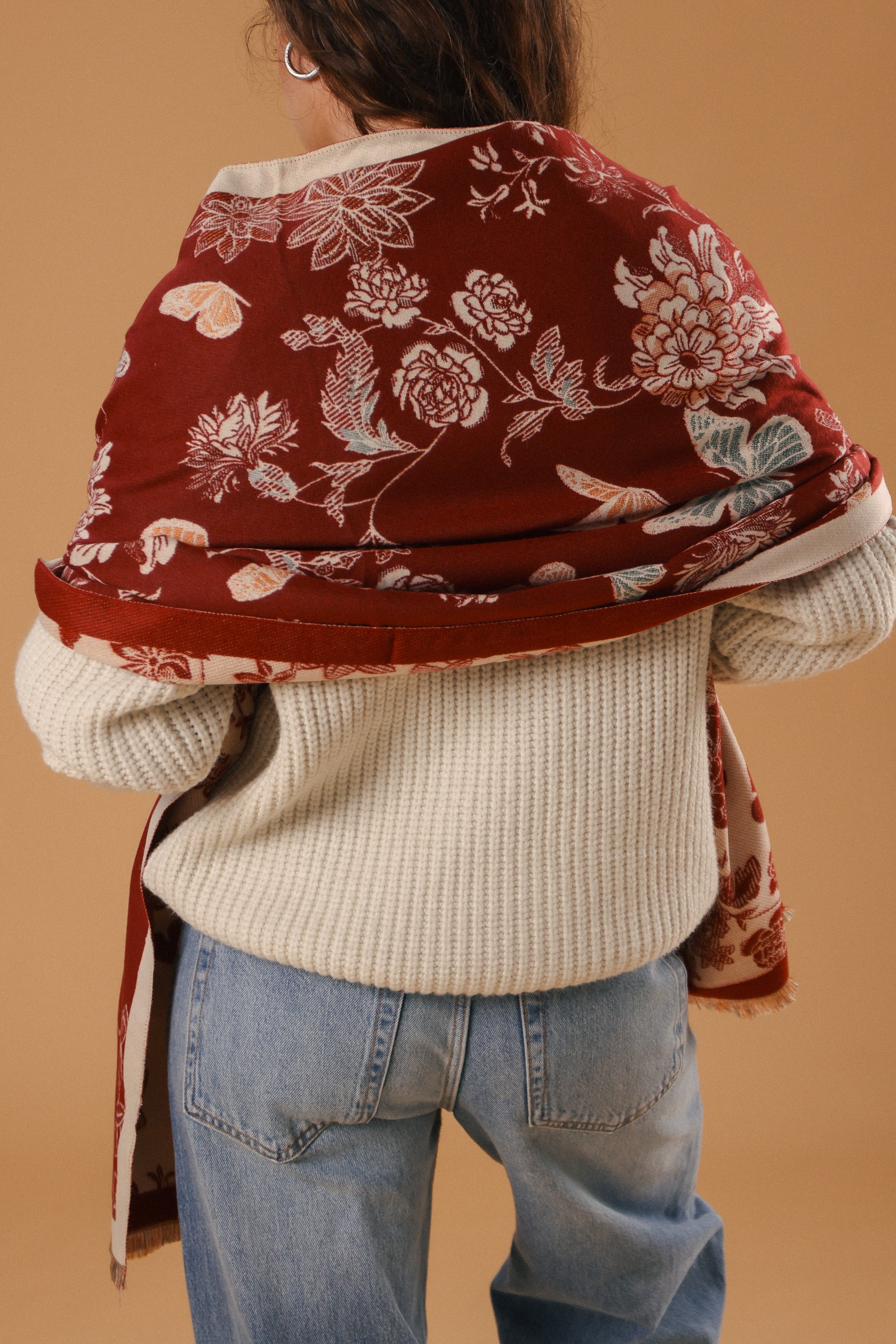 Scarf Butterflies & Flowers Burgundy