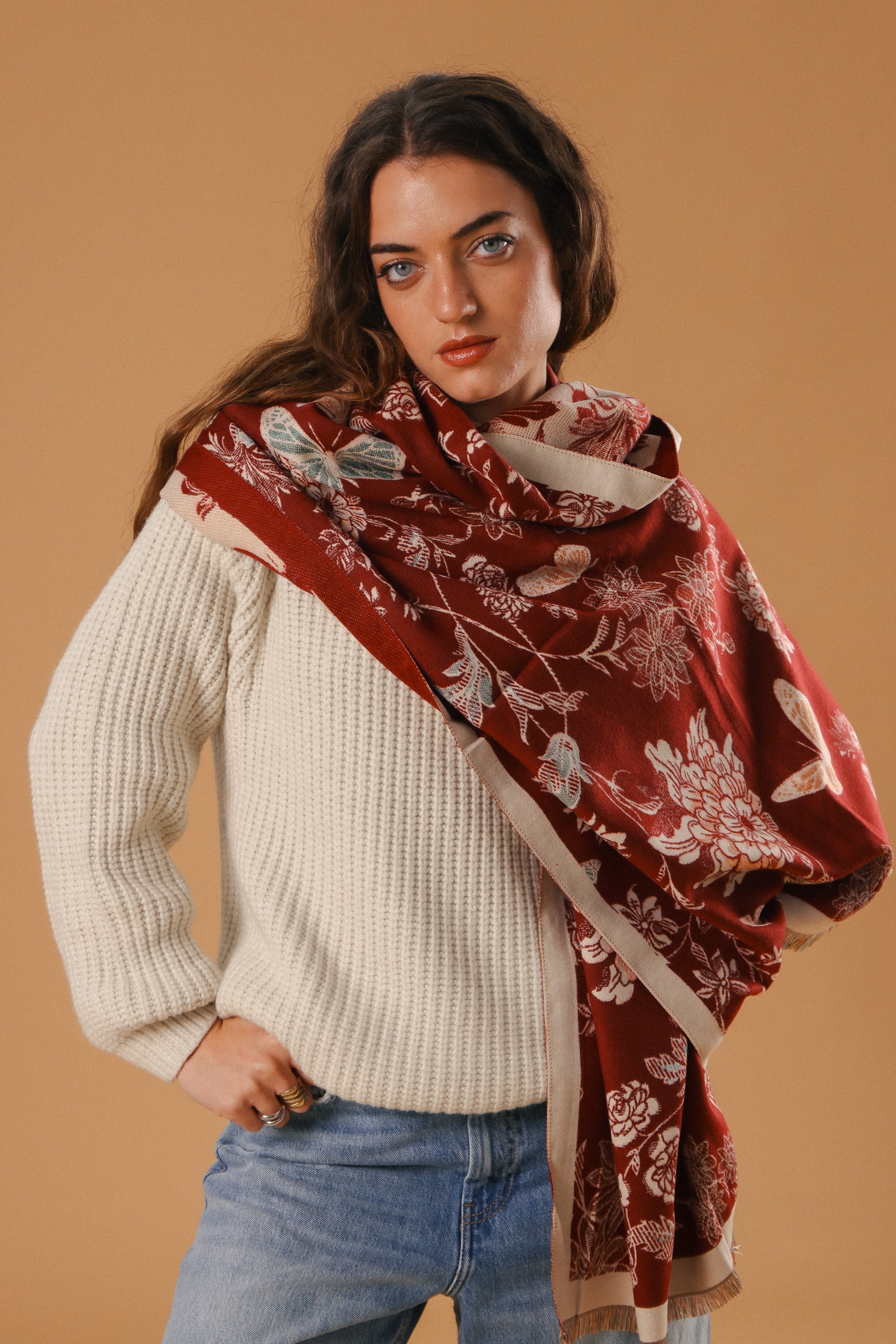 Scarf Butterflies & Flowers Burgundy