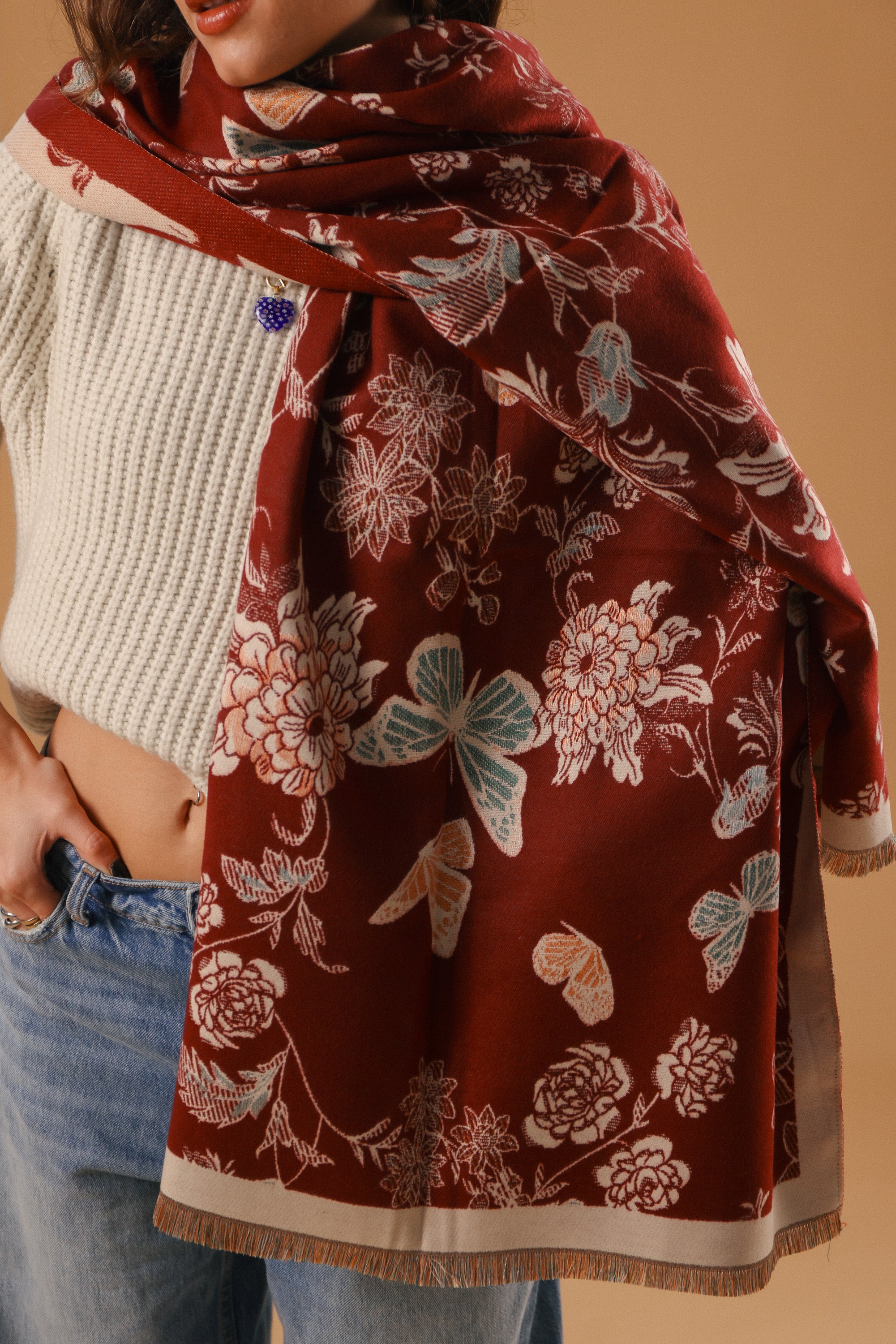 Scarf Butterflies & Flowers Burgundy