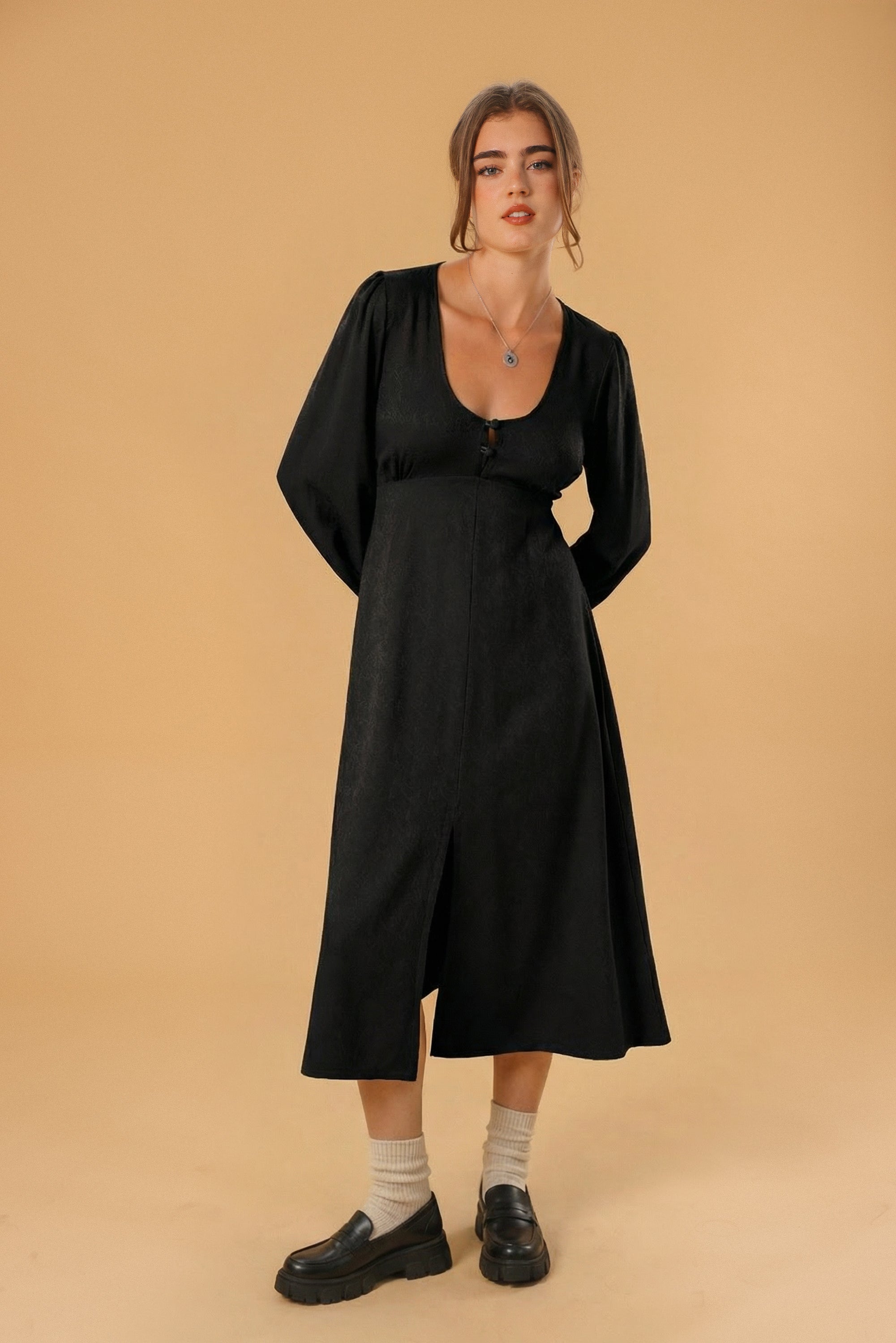 Woman wearing a black dress