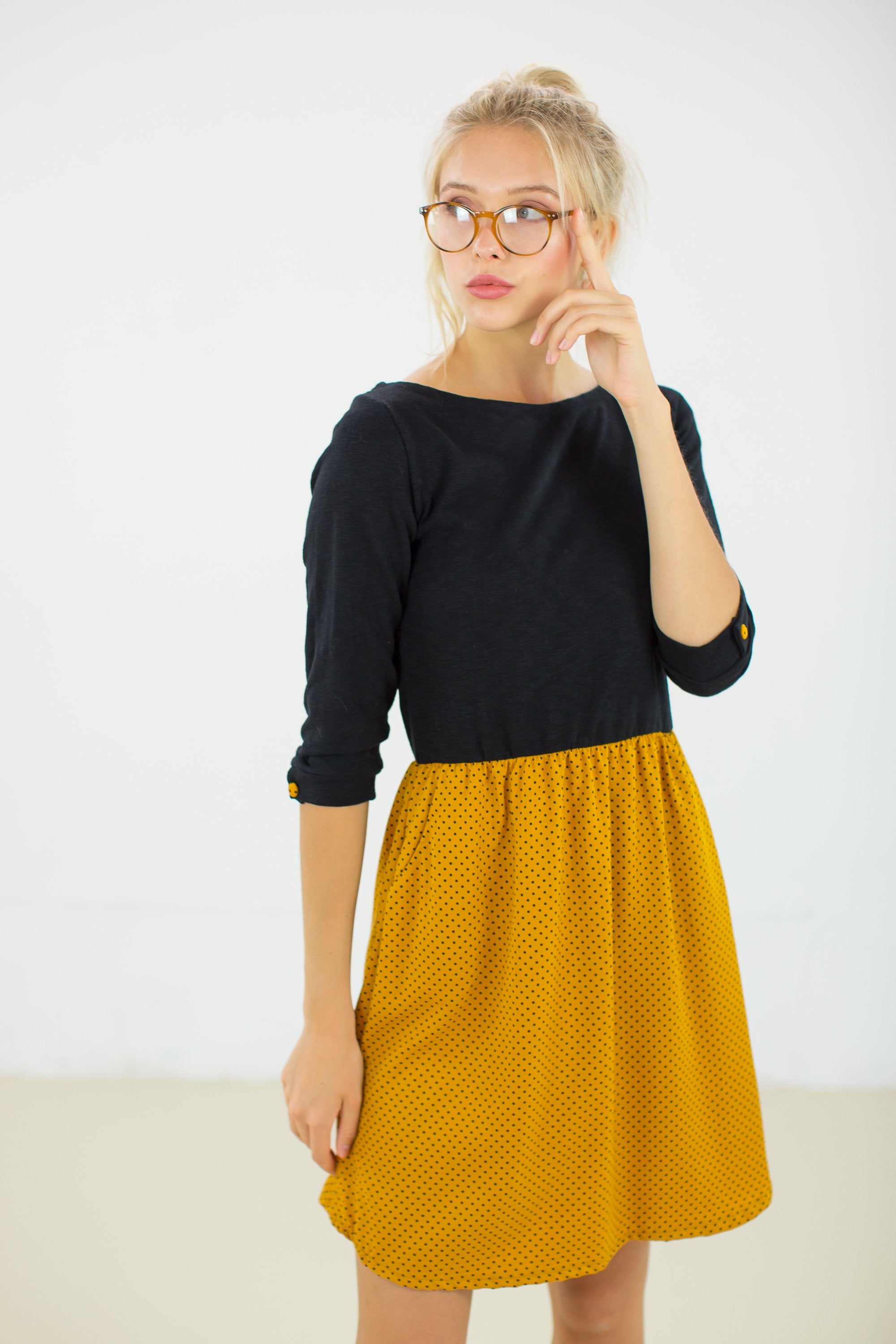 Dress Luiza Black Mustard Polka Dots