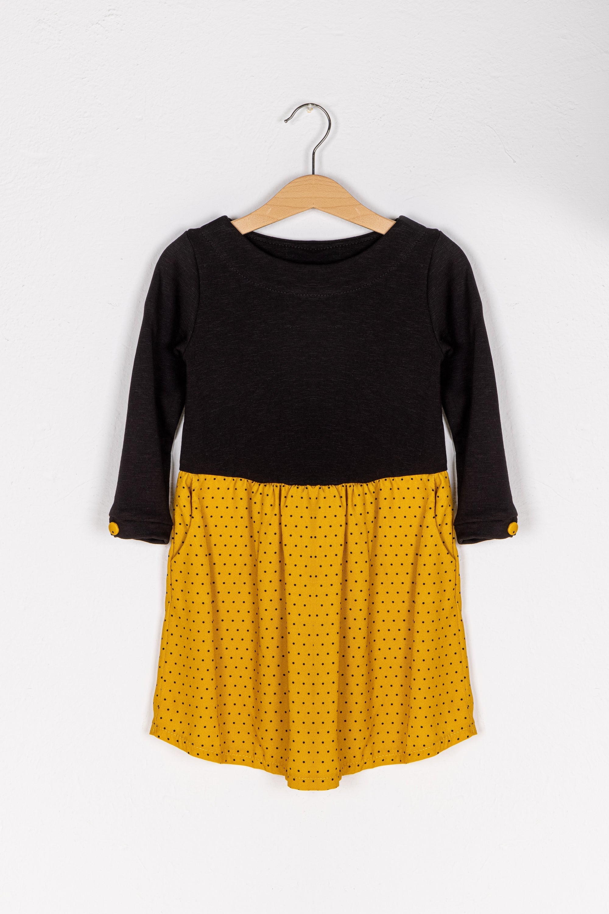 Kids Dress Luiza Black Mustard Polka Dots