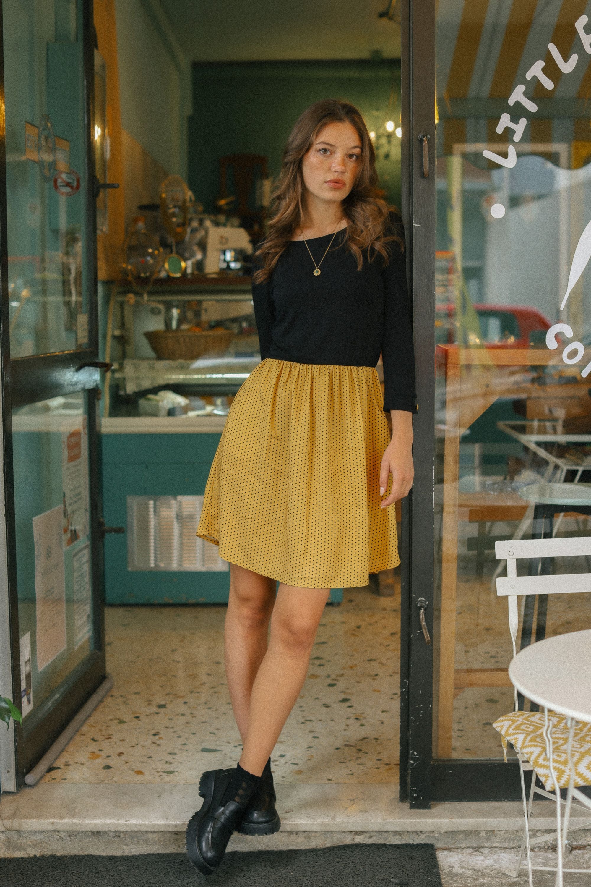 Dress Luiza Black Mustard Polka Dots