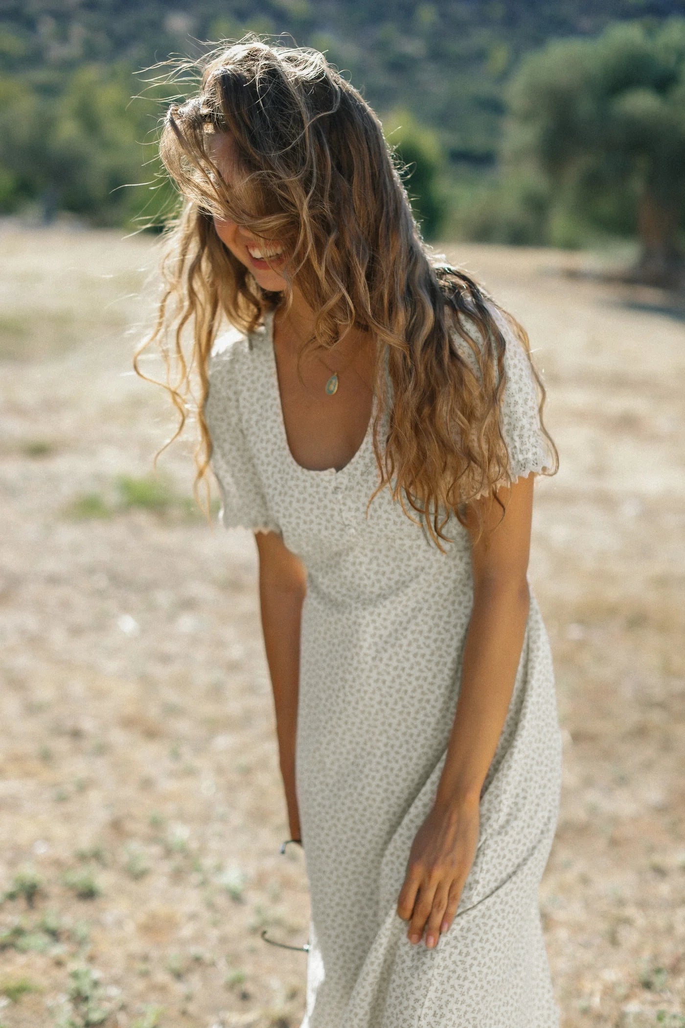 Kleid Wilhelmina Blau-Grau mit Blumenmuster