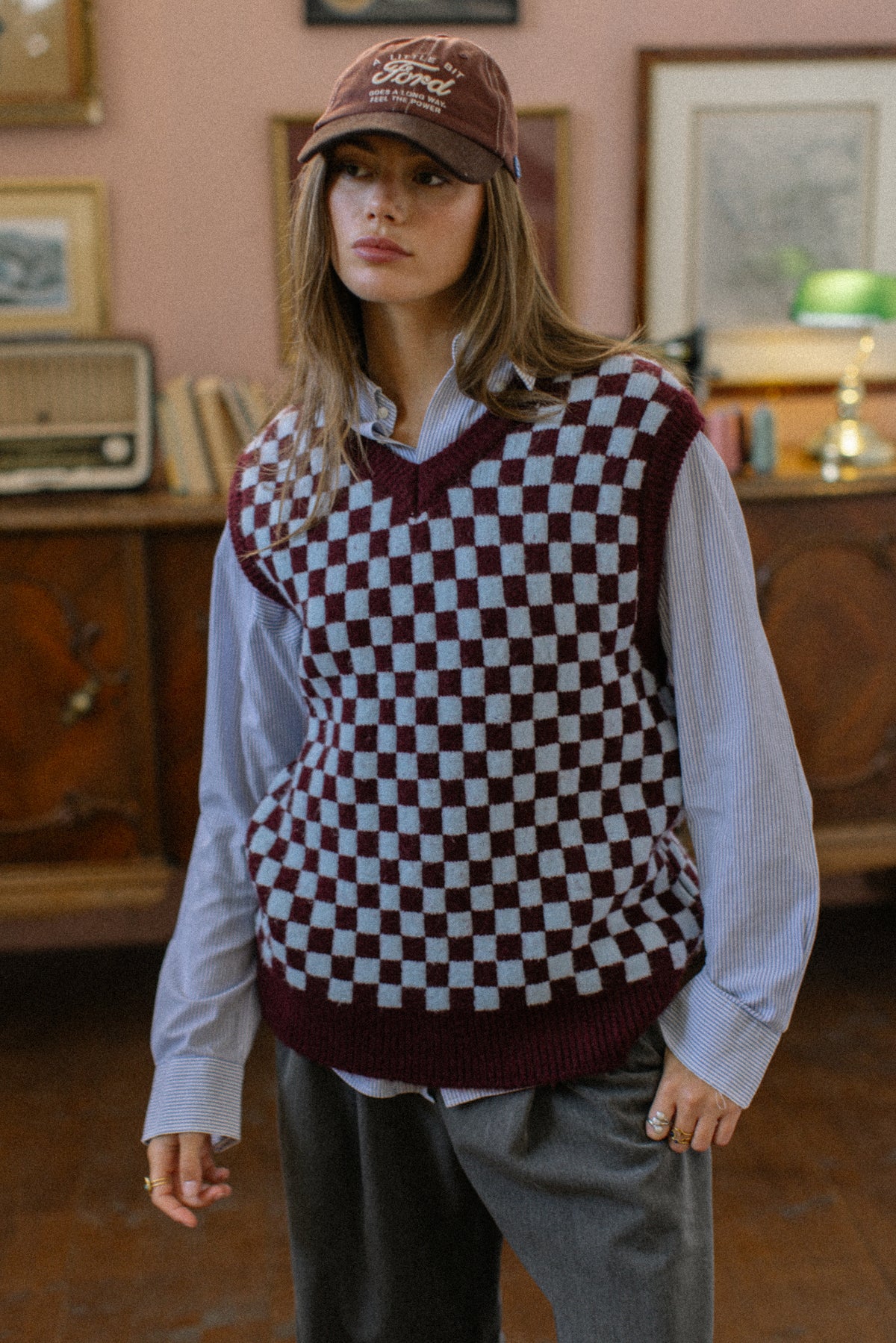 Knit Vest Ziggy Burgundy Check