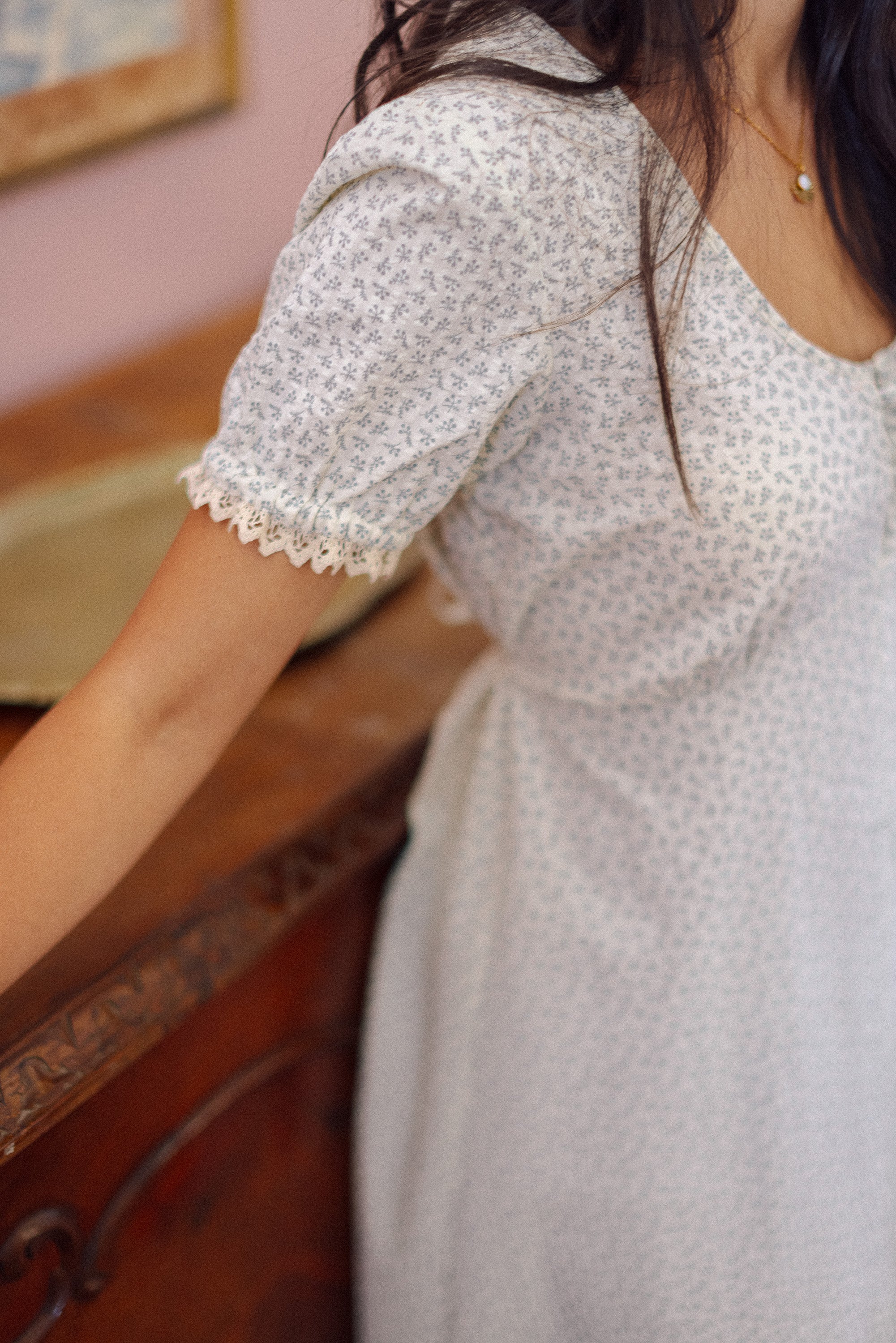 Kleid Wilhelmina Blau-Grau mit Blumenmuster