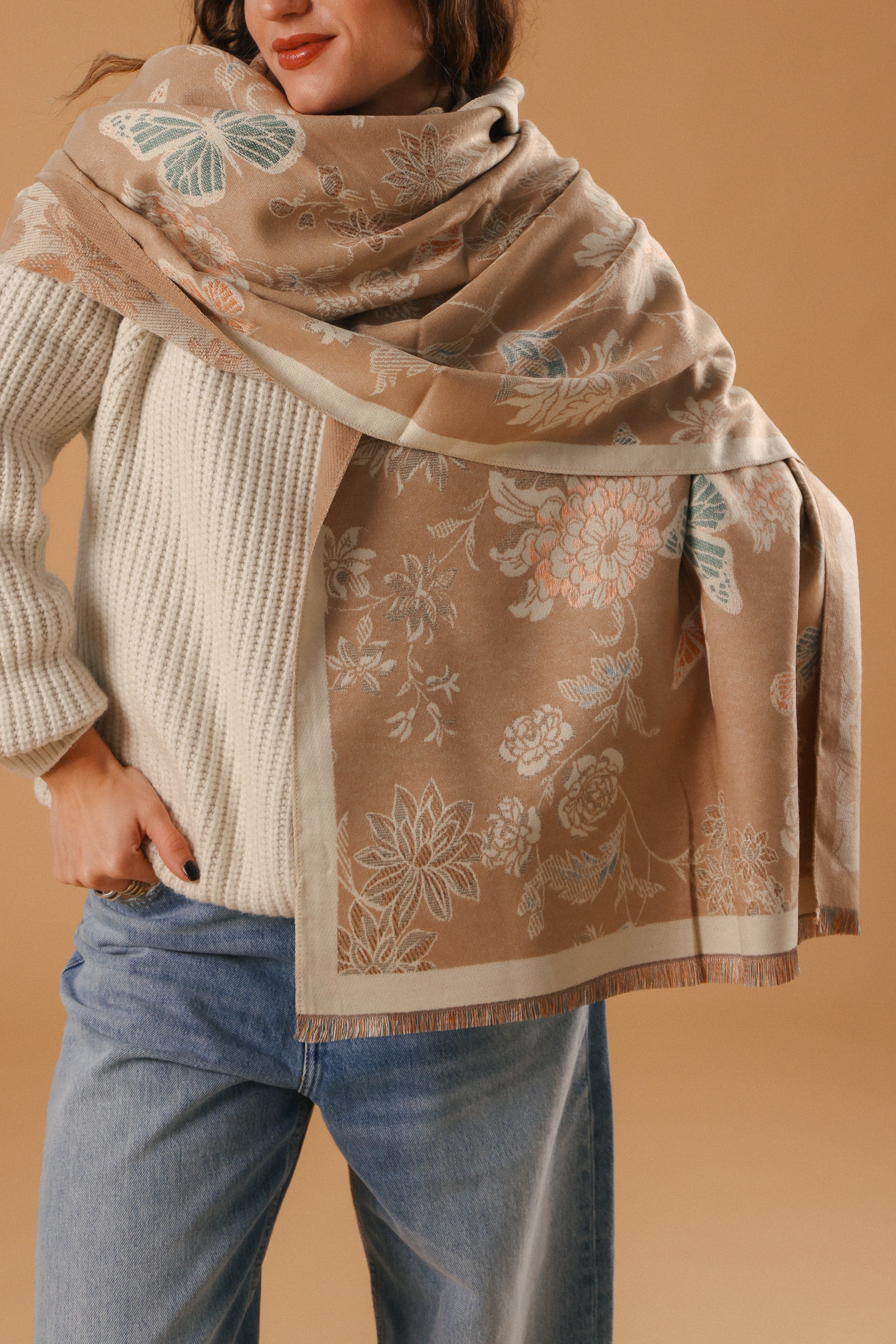 Scarf Butterflies & Flowers Latte