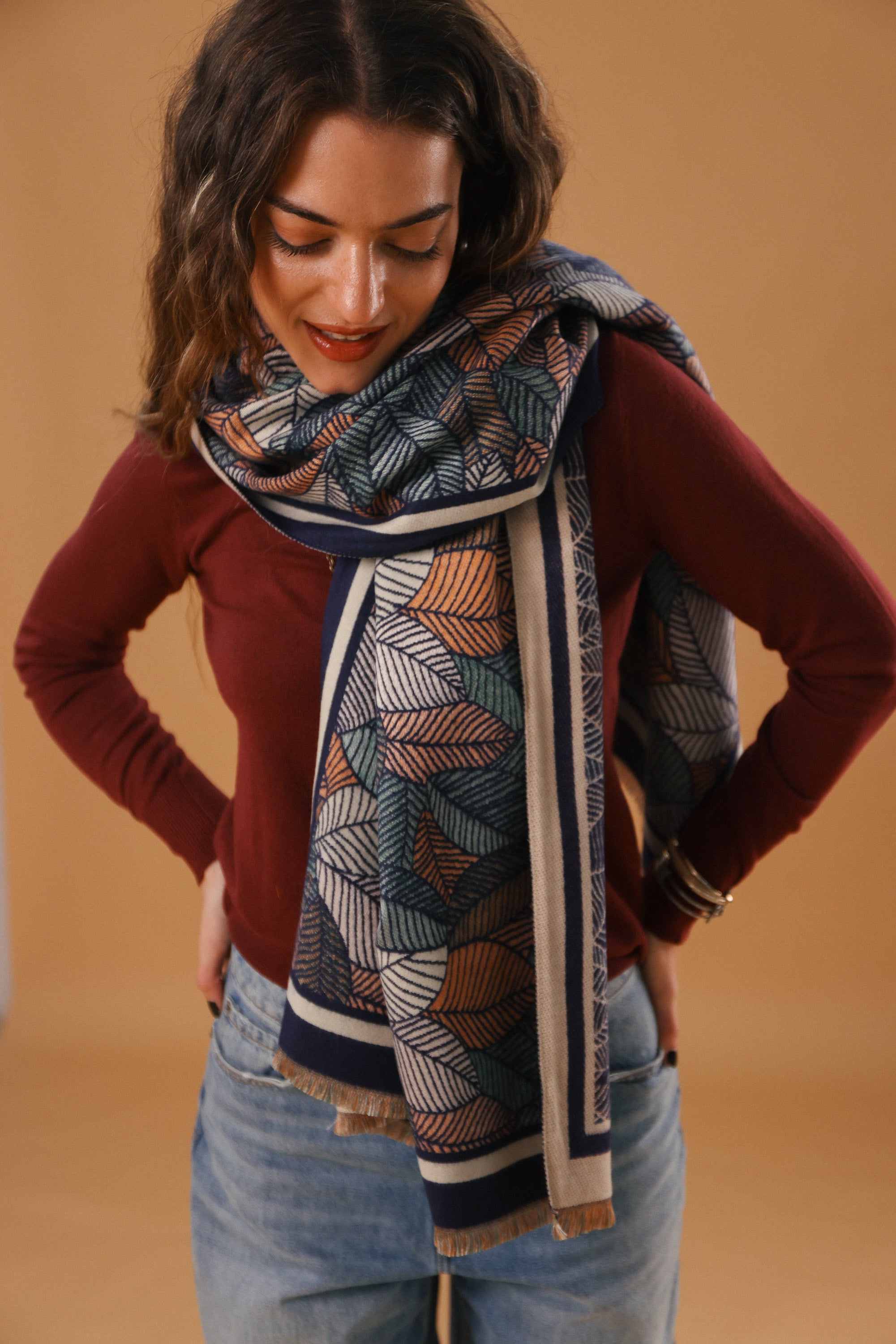 Scarf Autumn Leaves Navy