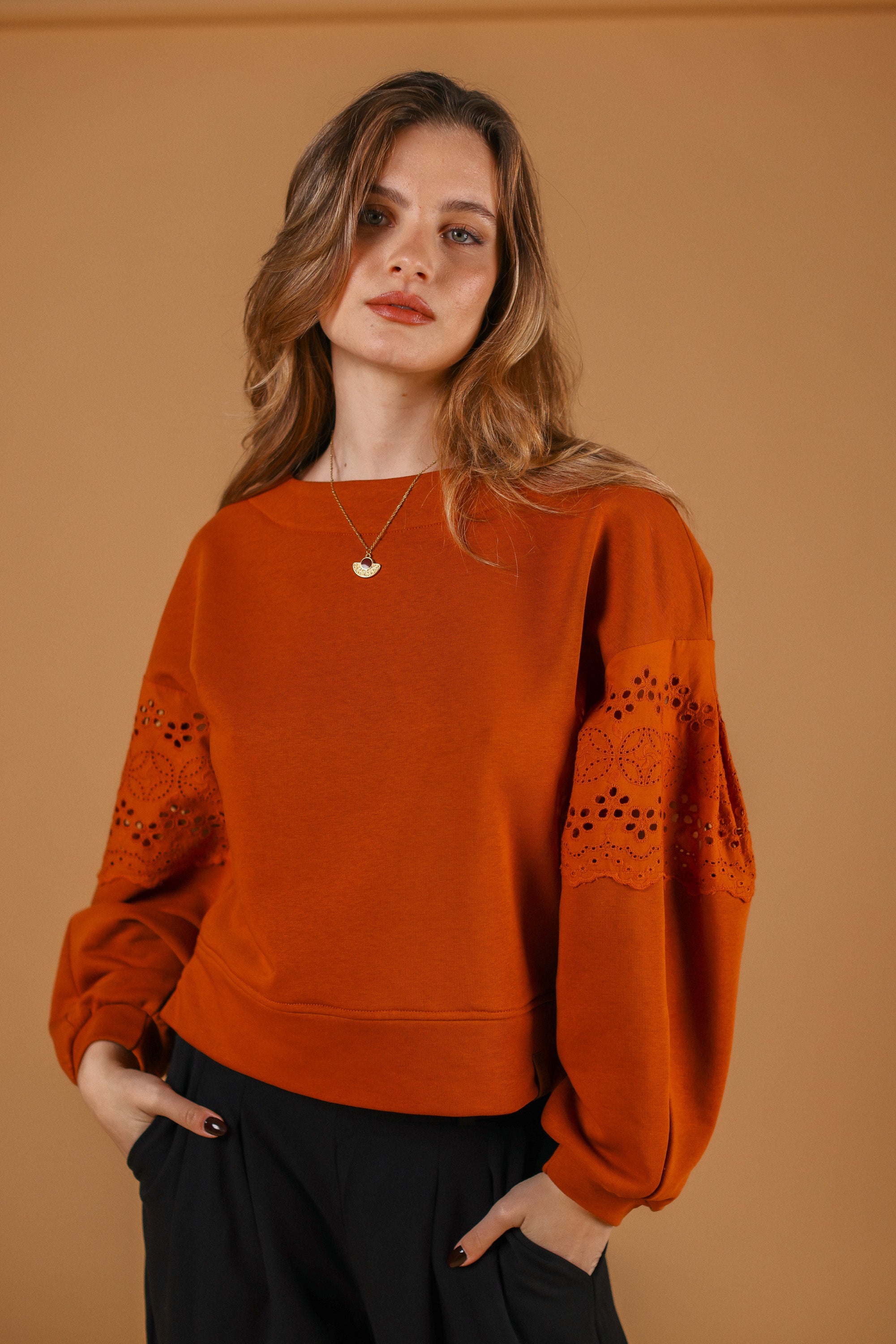 Terracotta Cable Knit Scallop Hem Sweater - All Tops | Red Dress Embroidered Terracotta Chenille Sweater main image 1