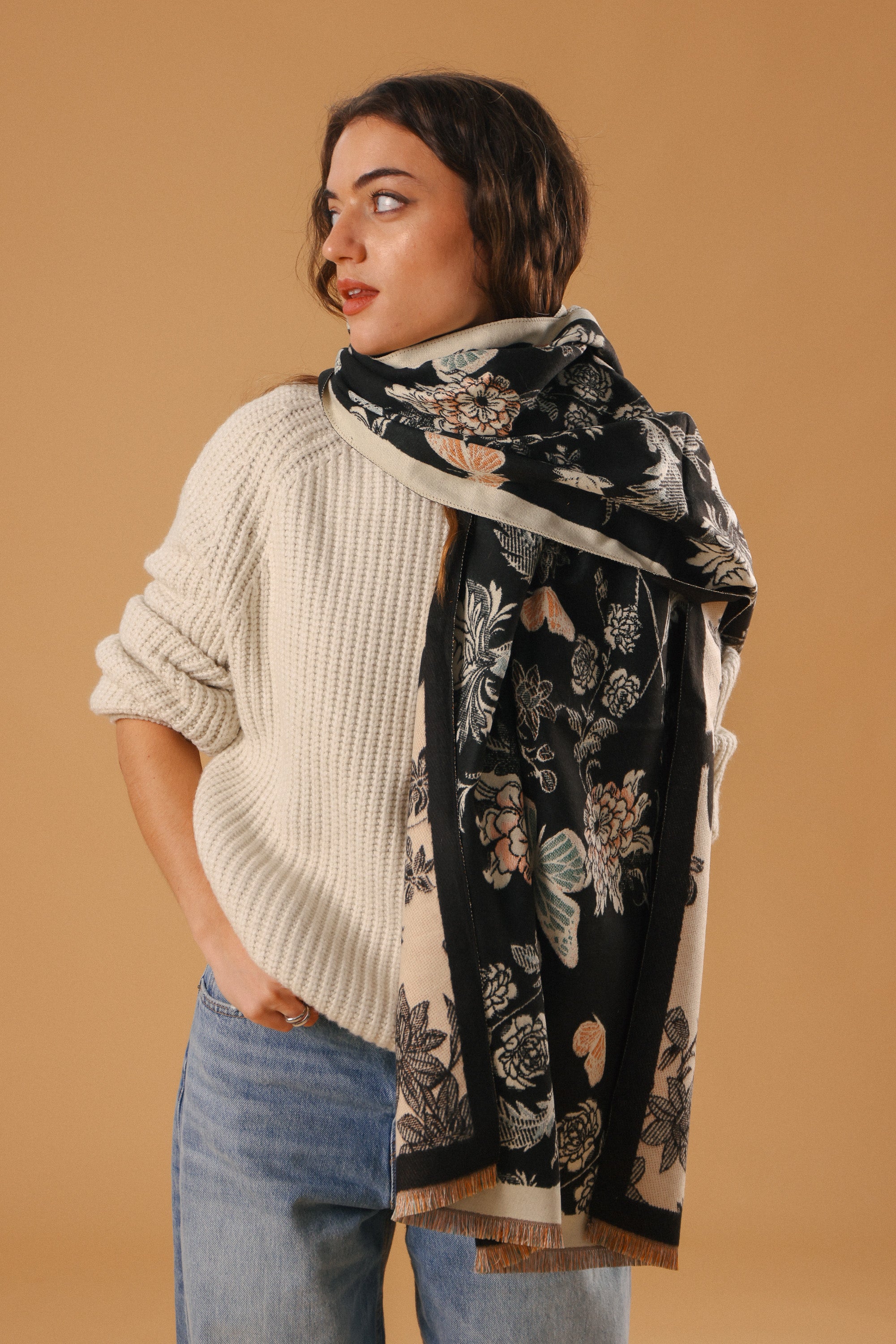 Scarf Butterflies & Flowers Black