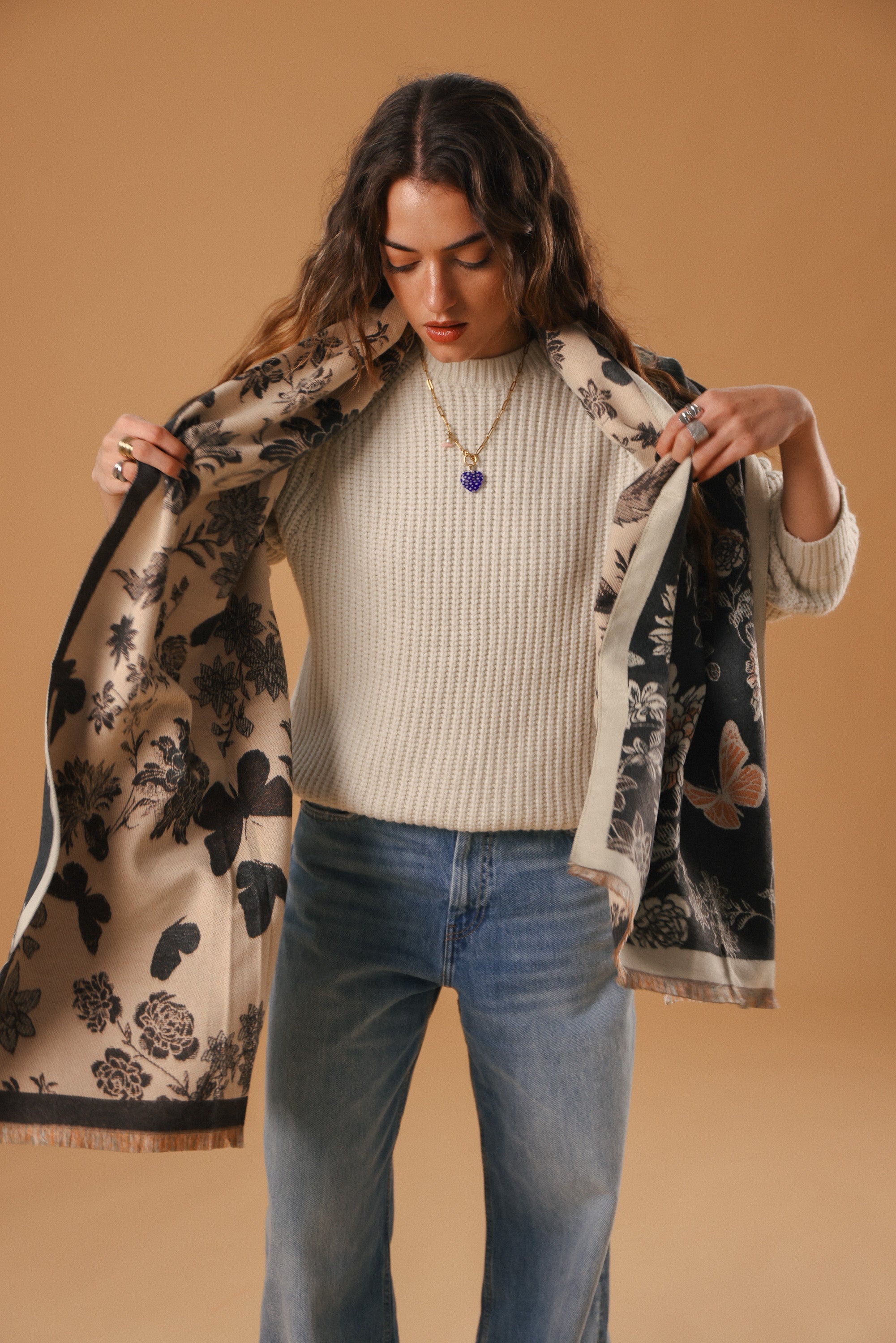 Scarf Butterflies & Flowers Charcoal