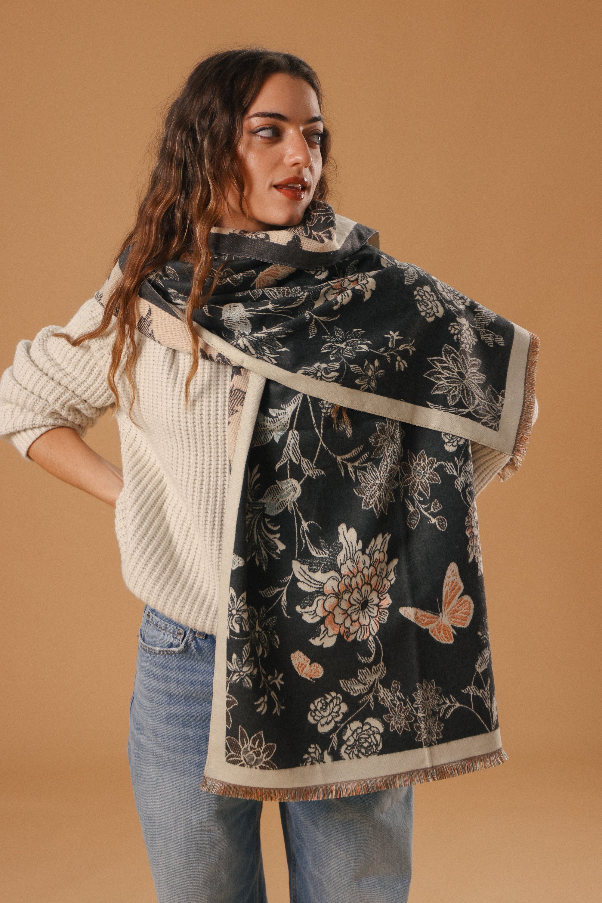 Scarf Butterflies & Flowers Charcoal