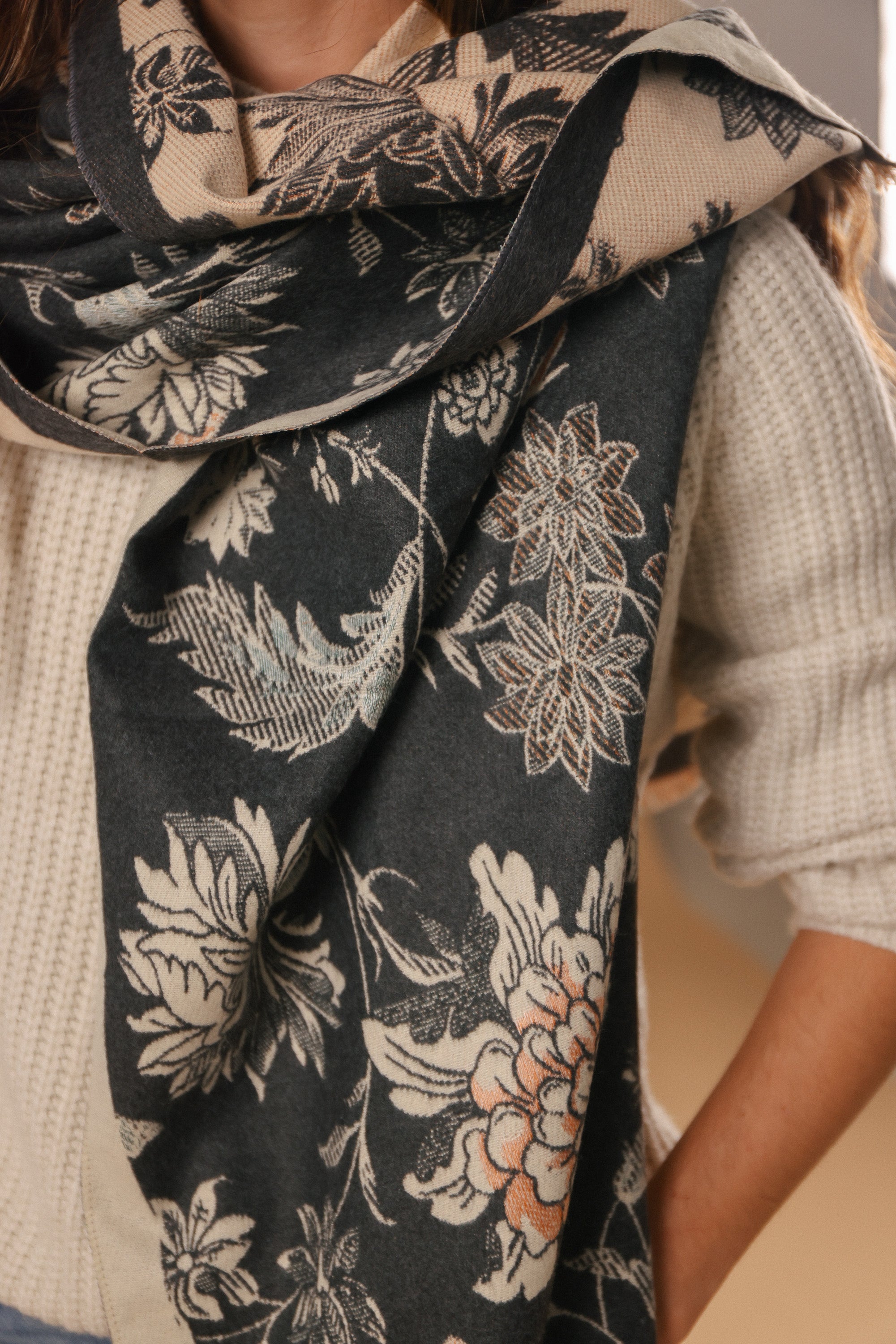 Scarf Butterflies & Flowers Charcoal