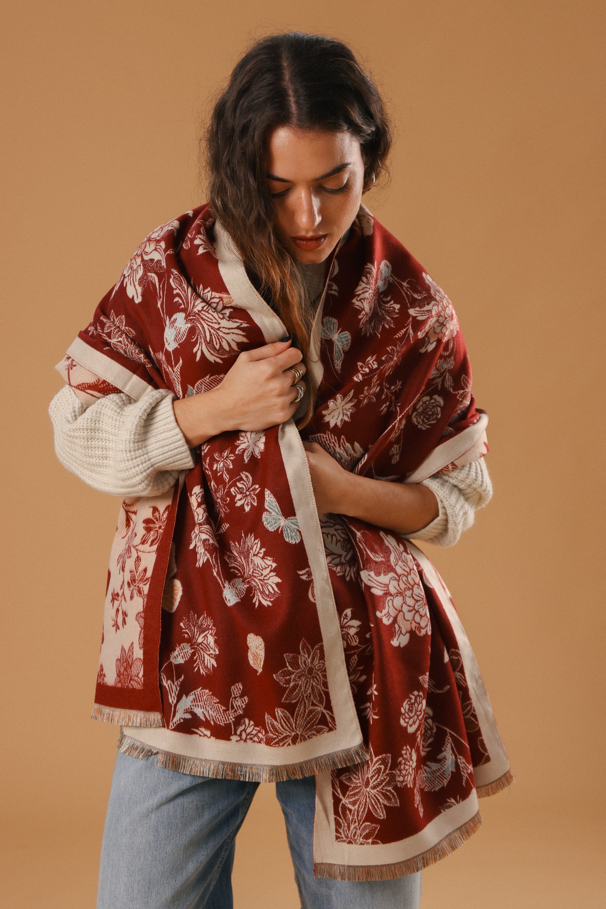 Scarf Butterflies & Flowers Burgundy