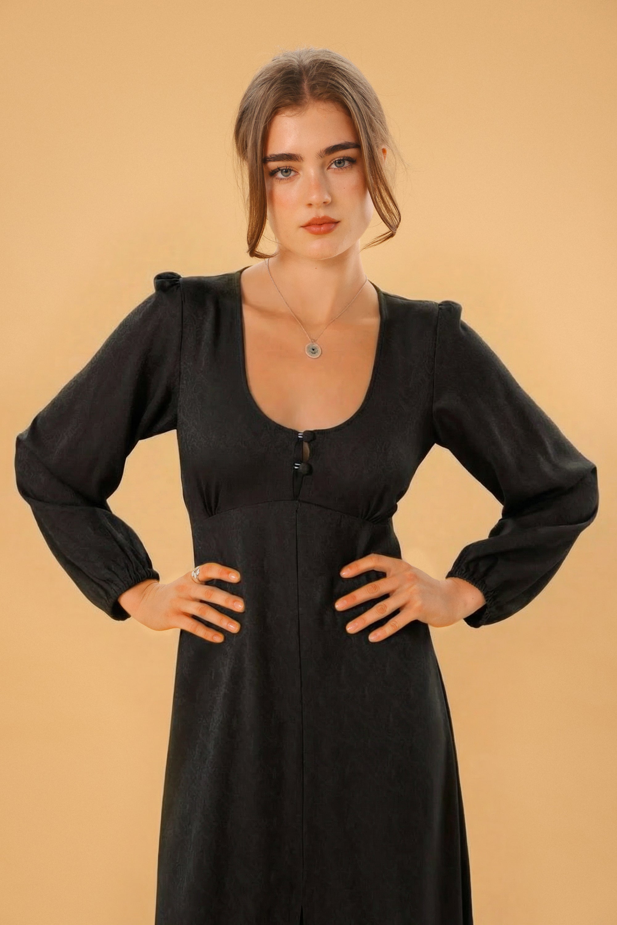 Woman wearing a black dress 